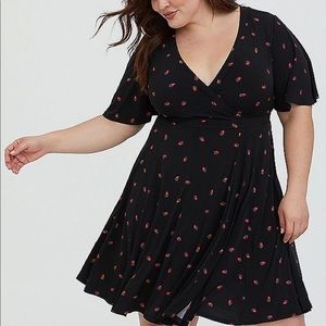 Black Strawberry Print Knit Wrap Dress